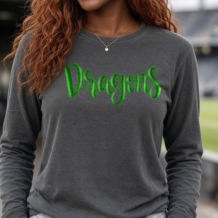 Green Dragons Bold Script Lettering DTF transfer shown on a Comfort Colors long sleeve tee