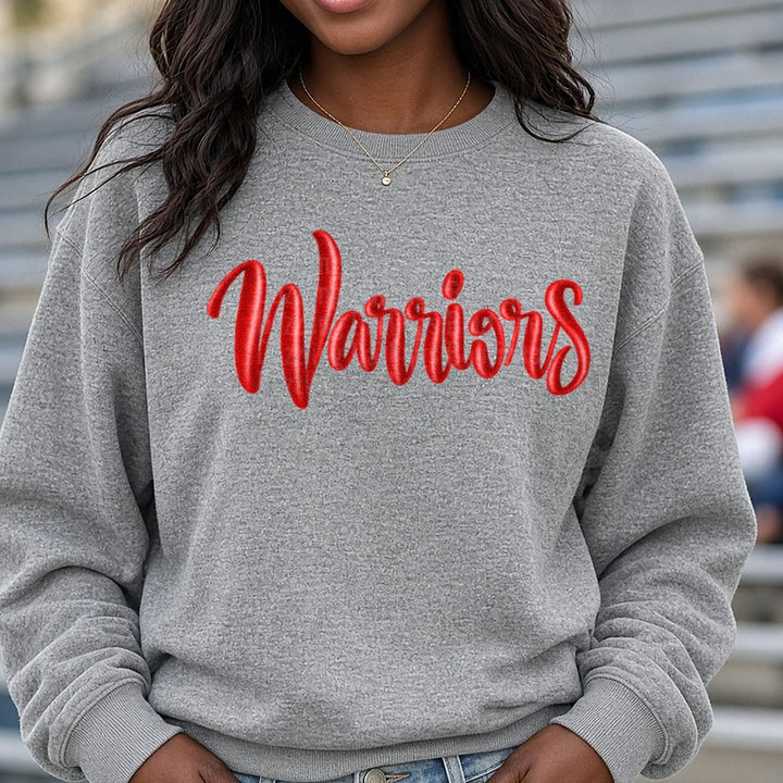 Warriors Red Puff Inflated Script Lettering DTF transfer shown on a Comfort Colors sweatshirt