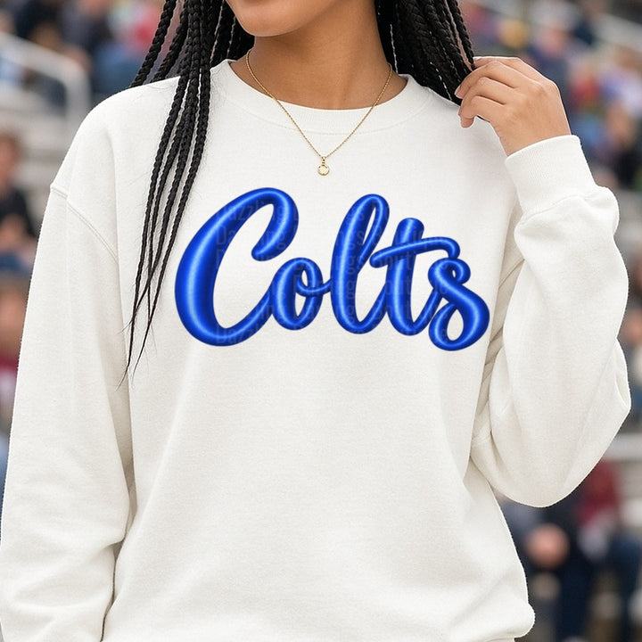 Colts Puffy Bubble Script Royal Blue Lettering DTF transfer shown on a Comfort Colors sweatshirt
