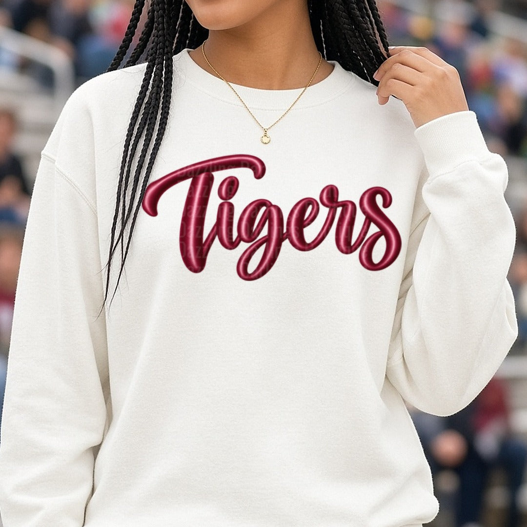 Tigers Puff Script Crimson Maroon Lettering DTF transfer shown on a Comfort Colors sweatshirt