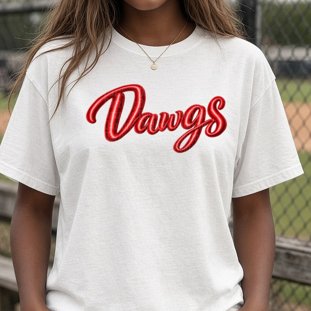 Dawgs Bold Red Glossy Script Lettering DTF transfer shown on a Comfort Colors tee