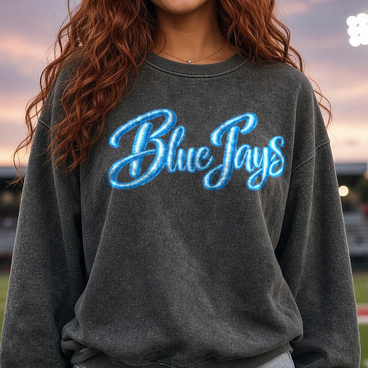 Blue Jays Puffy Balloon Script Lettering Blue Glossy Text DTF transfer shown on a Comfort Colors sweatshirt