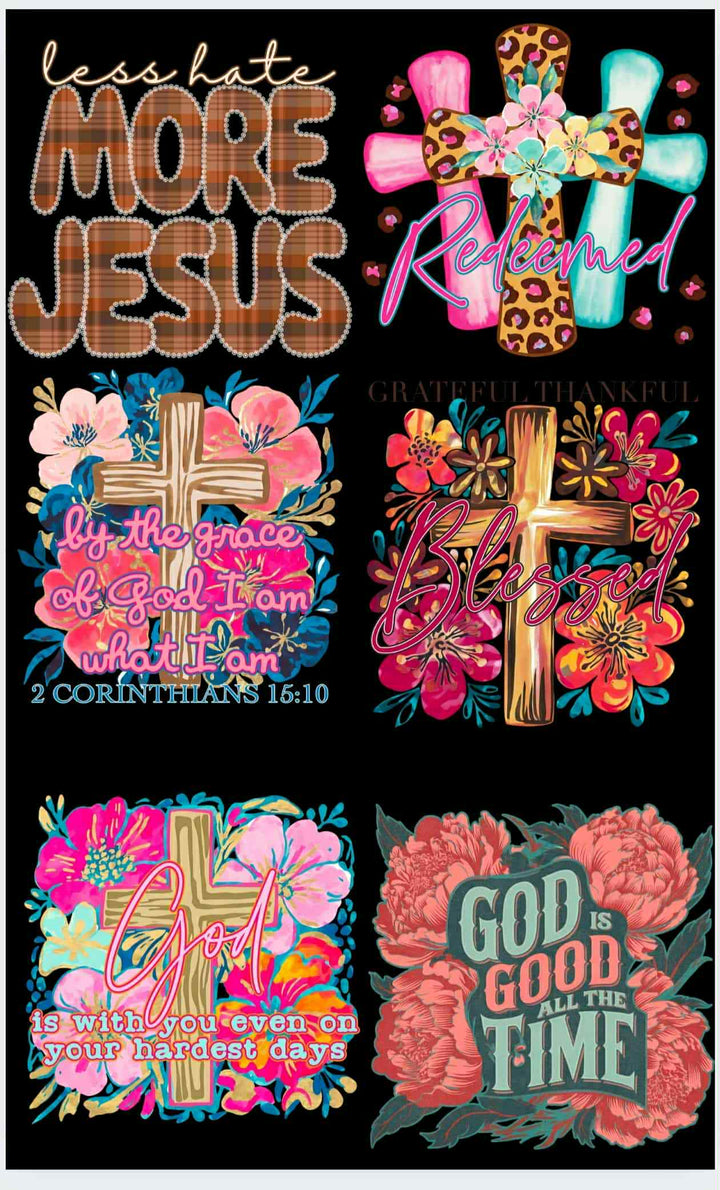 Floral Cross Faith Bible Verse premade DTF gang sheet, 22.5" x 36"