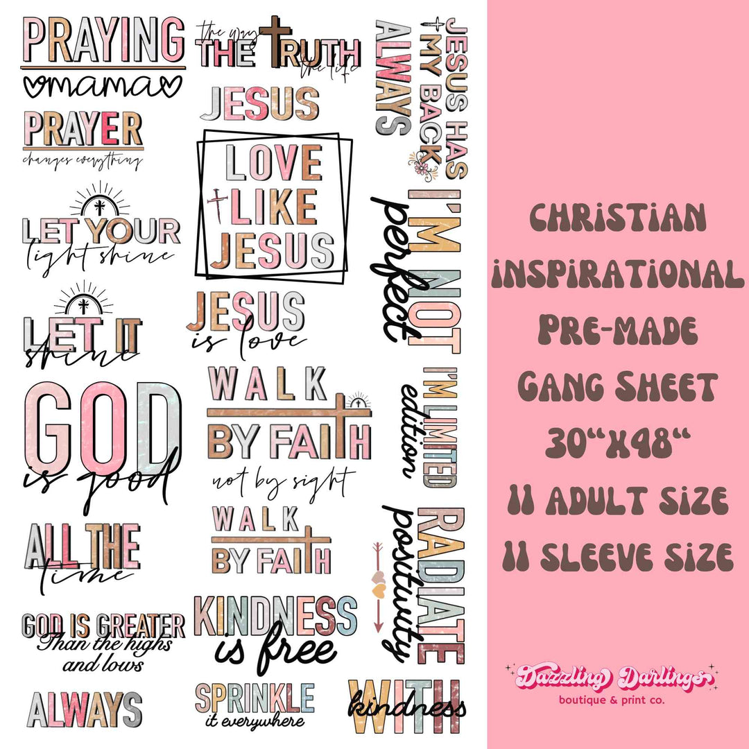 TRENDY GANG SHEET, KINDNESS GANG SHEET, INSPIRATIONAL GANG SHEET, FRONT AND SLEEVE GANG SHEET, FAITH GANG SHEET, DTF GANG SHEET, DTF, DIRECT TO FILM, CLEAR FILM TRANSFER, CHRISTIAN GANG SHEET