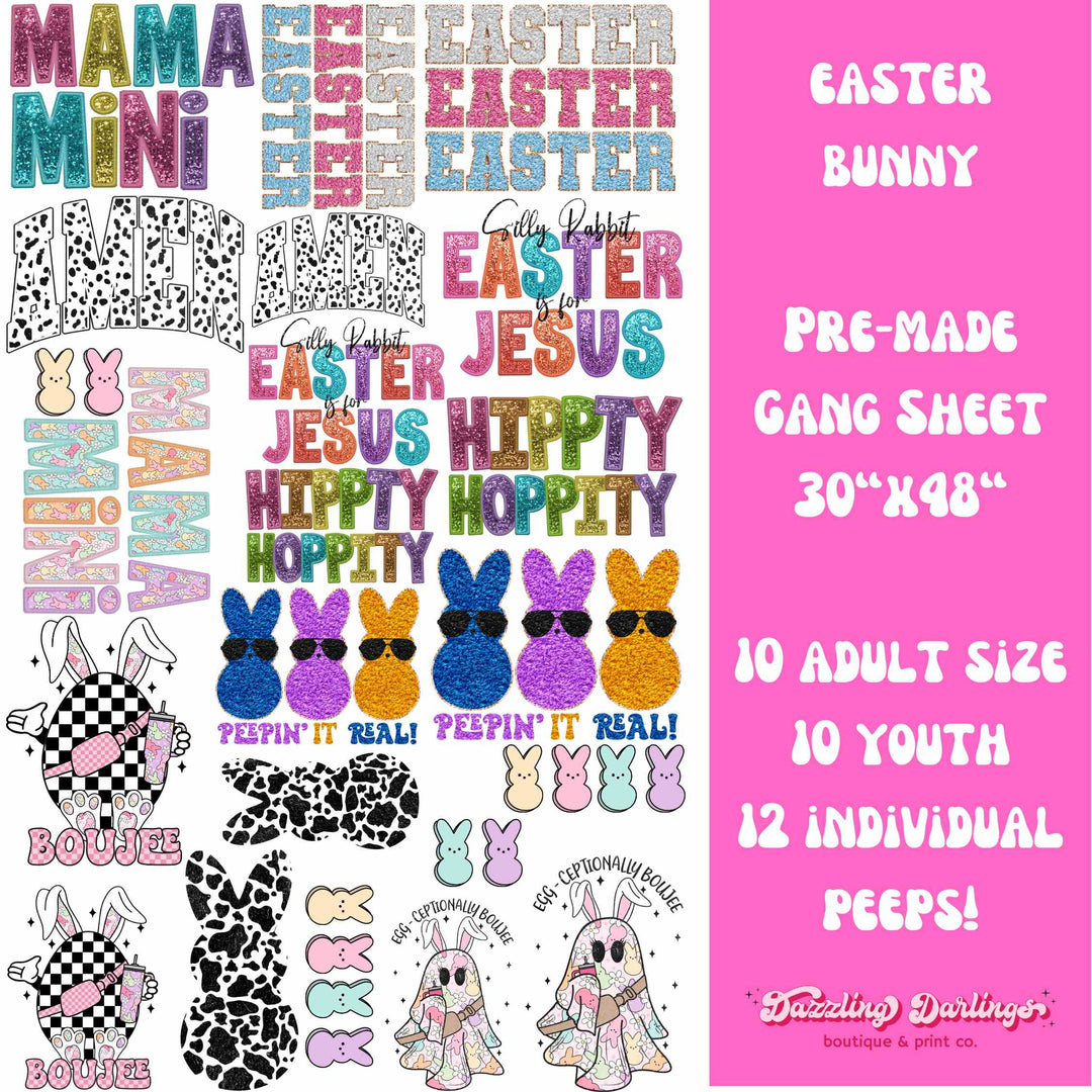 EASTER GANG SHEET, EASTER BUNNY TRANSFER, EASTER DTF, DIRECT TO FILM EASTER, CLEAR FILM TRANSFER EASTER, DTF BUNNY, EASTER TRANSFER, BUNNY TRANSFER, TSHIRT TRANSFER, CUSTOM TSHIRT PRINT