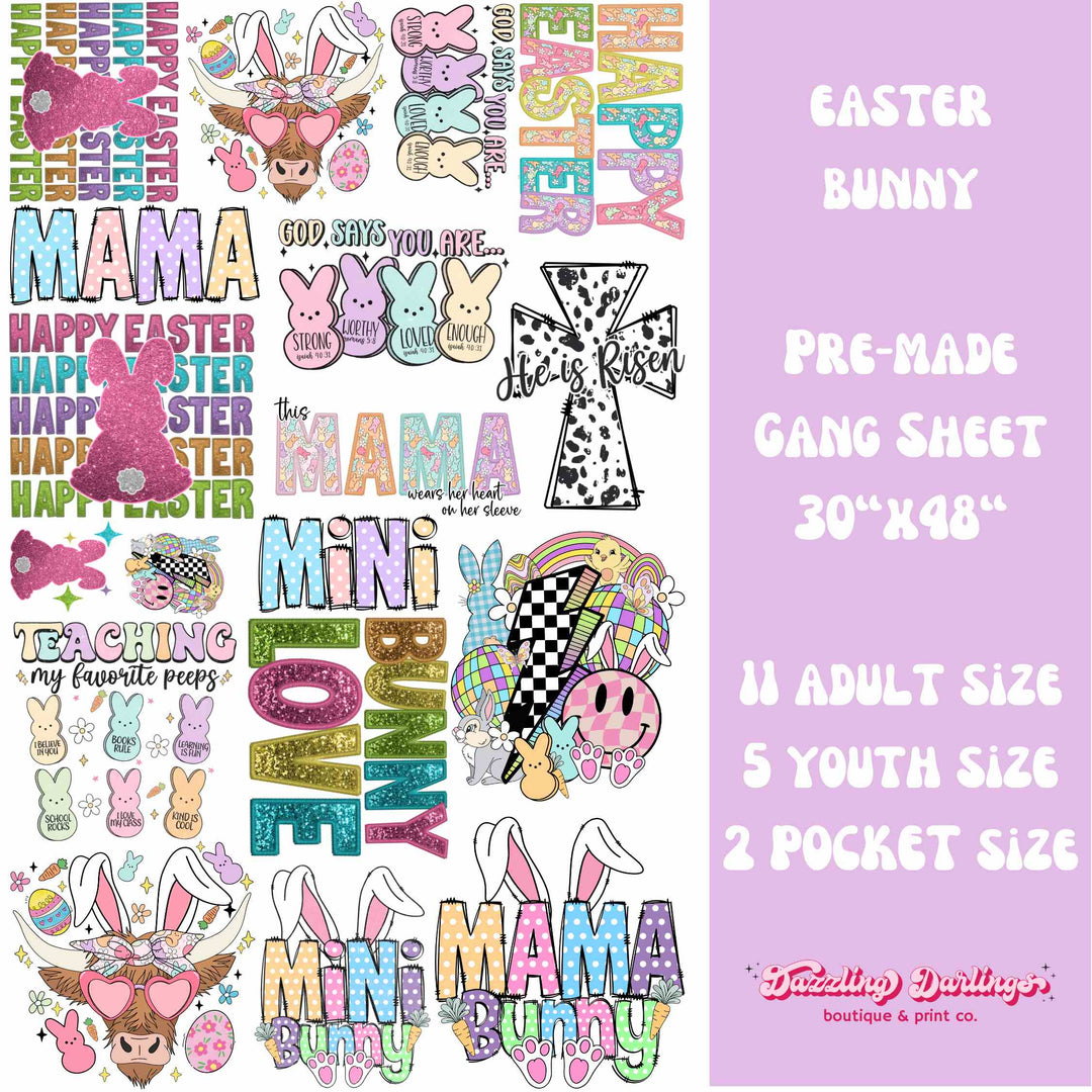 EASTER GANG SHEET, EASTER BUNNY TRANSFER, EASTER DTF, DIRECT TO FILM EASTER, CLEAR FILM TRANSFER EASTER, DTF BUNNY, EASTER TRANSFER, BUNNY TRANSFER, TSHIRT TRANSFER, CUSTOM TSHIRT PRINT