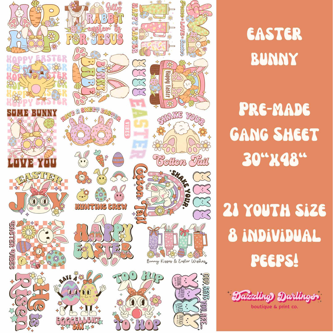 EASTER GANG SHEET, EASTER BUNNY TRANSFER, EASTER DTF, DIRECT TO FILM EASTER, CLEAR FILM TRANSFER EASTER, DTF BUNNY, EASTER TRANSFER, BUNNY TRANSFER, TSHIRT TRANSFER, CUSTOM TSHIRT PRINT