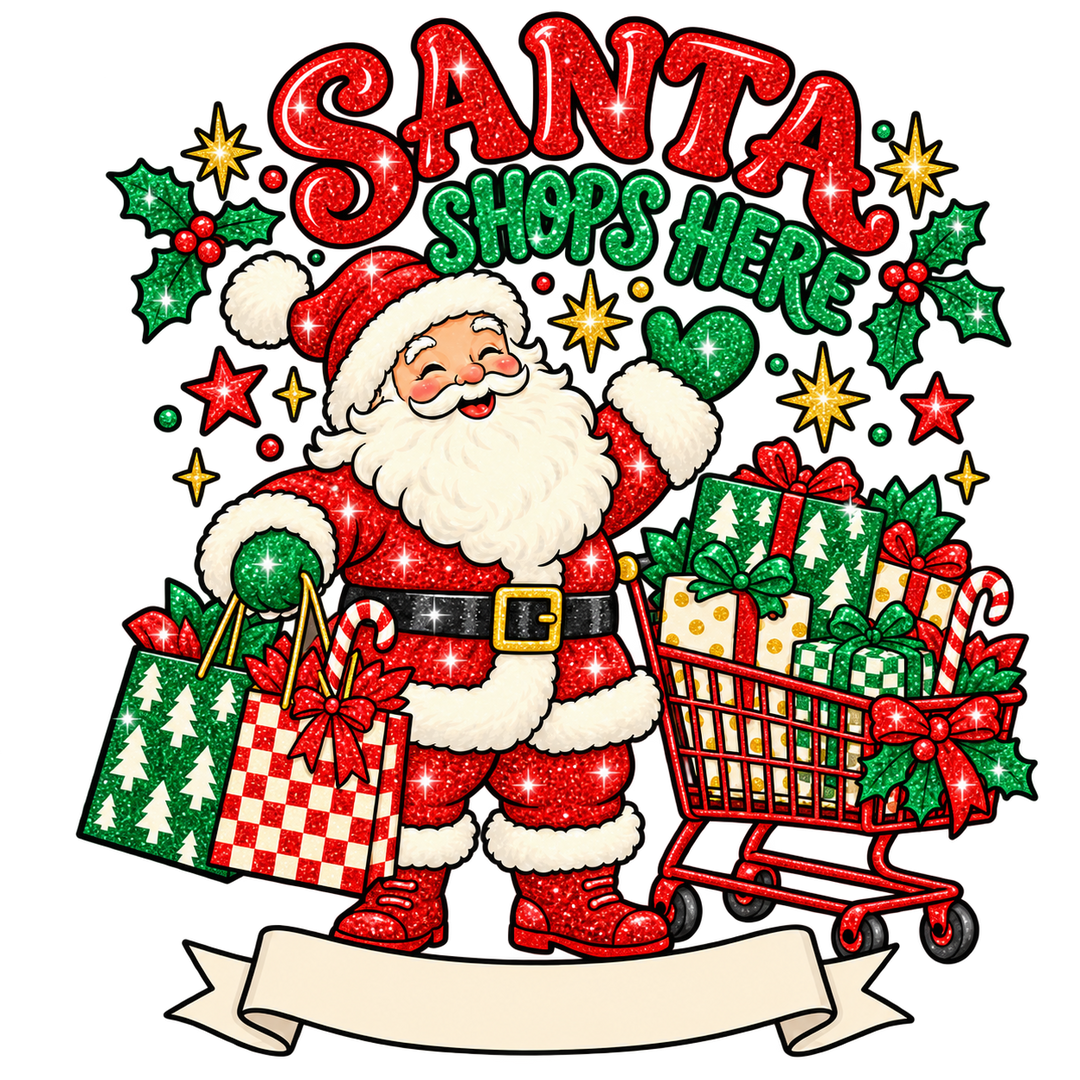 Santa Shops Here Glitter Red Digital Download PNG