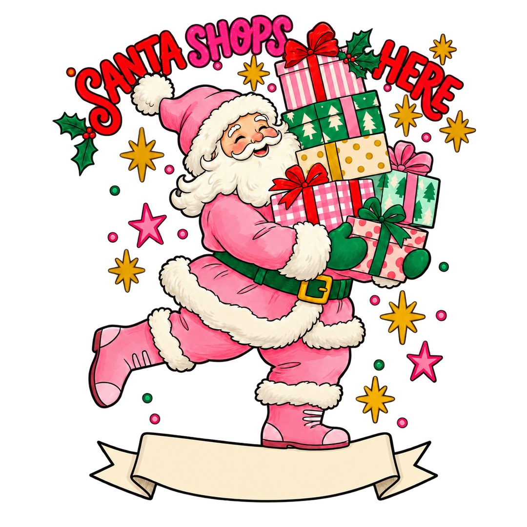 Santa Shops Here Pink Santa Gift Stack Digital Download PNG