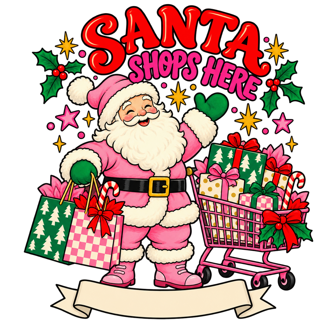 Santa Shops Here Pink Santa Digital Download PNG