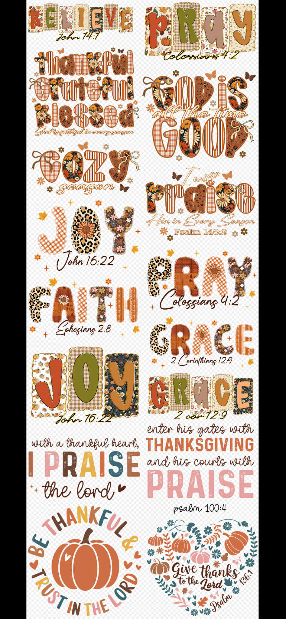 Thankful Blessed Faith Thanksgiving premade DTF gang sheet, 22.5" x 60"
