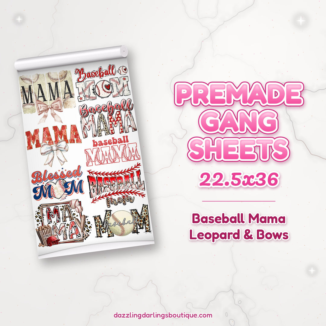 Baseball Mama Leopard & Bows premade DTF gang sheet 22.5x36 – Dazzling Darlings Boutique