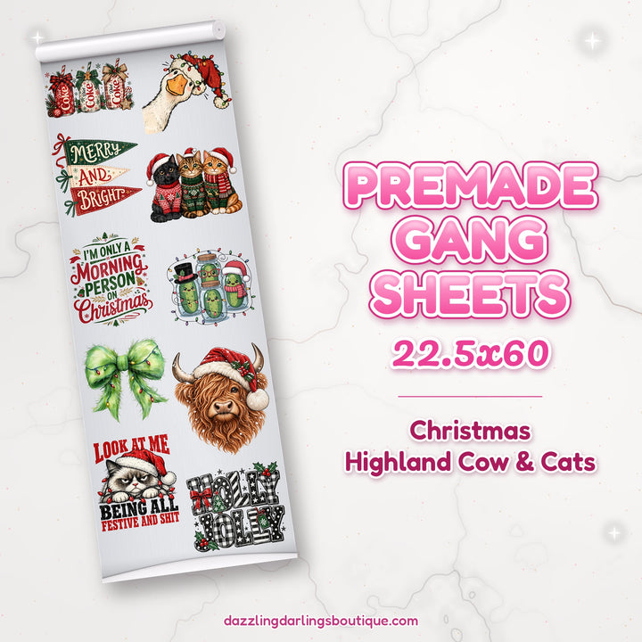 Christmas Highland Cow & Cats premade DTF gang sheet 22.5x60 – Dazzling Darlings Boutique