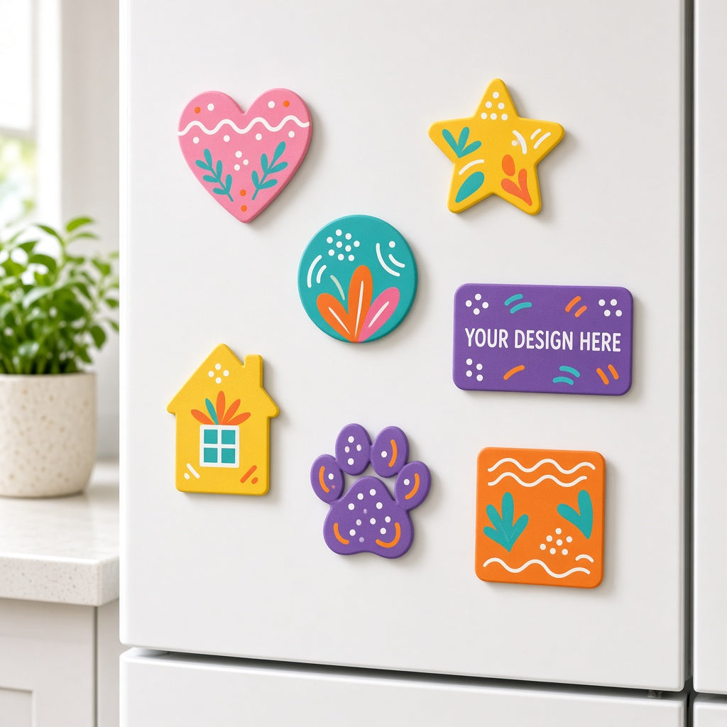 Assorted custom shaped full color magnets on a refrigerator - Dazzling Darlings Boutique
