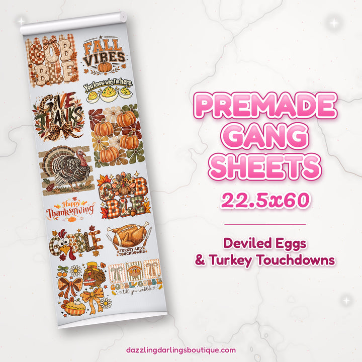 Deviled Eggs & Turkey Touchdowns premade DTF gang sheet 22.5x60 – Dazzling Darlings Boutique