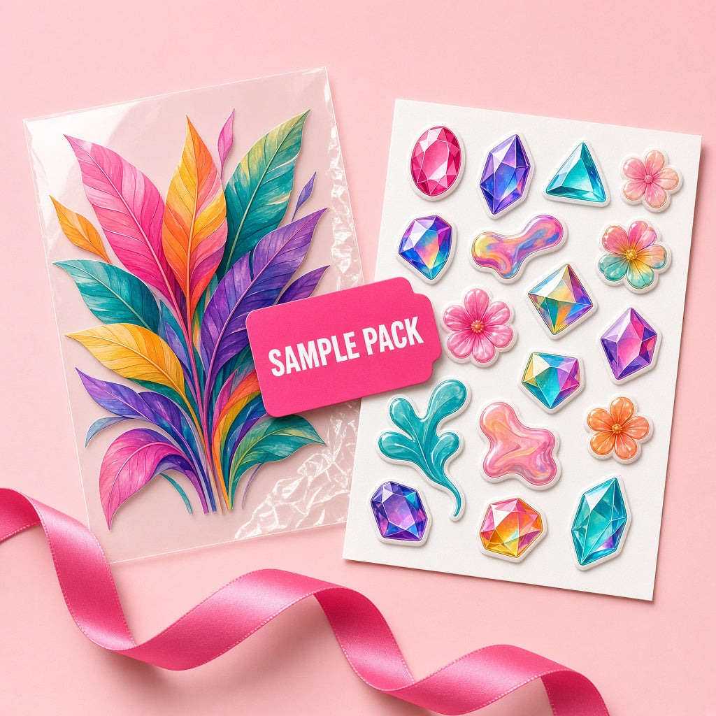 DTF & UV DTF Sample Pack with one DTF transfer and one UV DTF sticker sheet