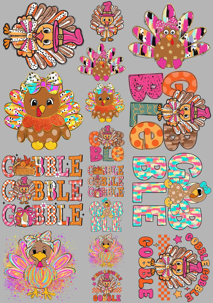 Gobble Gobble Youth Thanksgiving premade DTF gang sheet, 22.5" x 36"