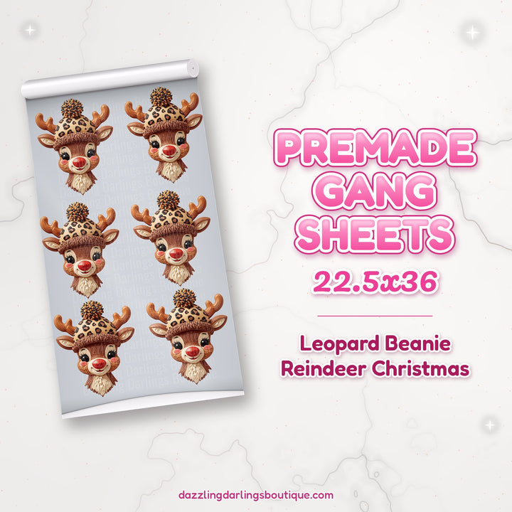 Leopard Beanie Reindeer Christmas premade DTF gang sheet 22.5x36 – Dazzling Darlings Boutique