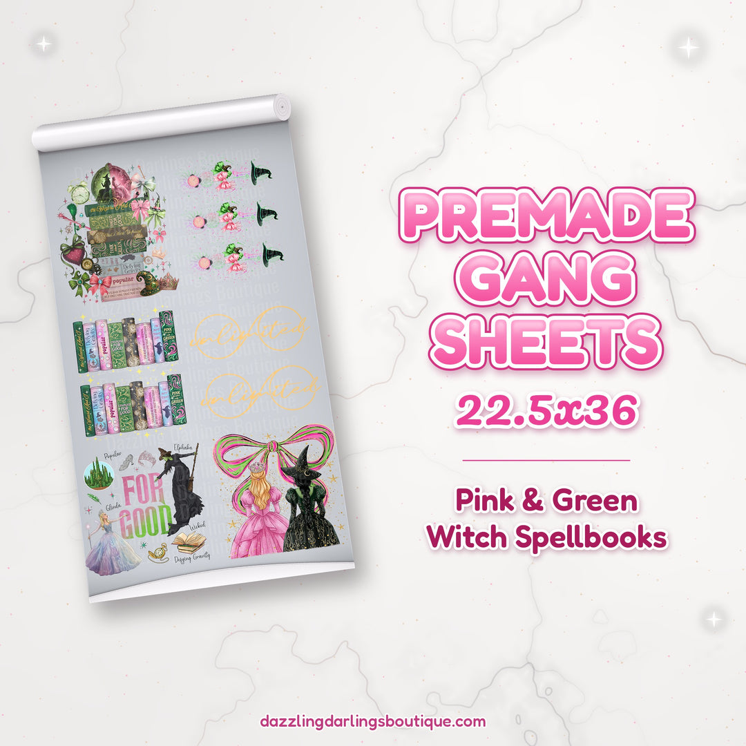 Pink & Green Witch Spellbooks premade DTF gang sheet 22.5x36 – Dazzling Darlings Boutique