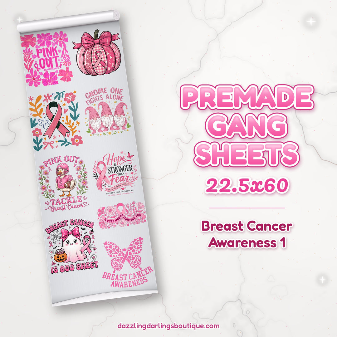 Breast Cancer Awareness 1 premade DTF gang sheet 22.5x60 – Dazzling Darlings Boutique