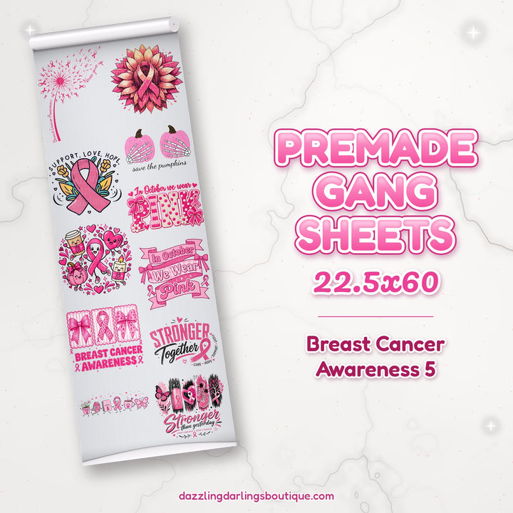 Breast Cancer Awareness 5 premade DTF gang sheet 22.5x60 – Dazzling Darlings Boutique