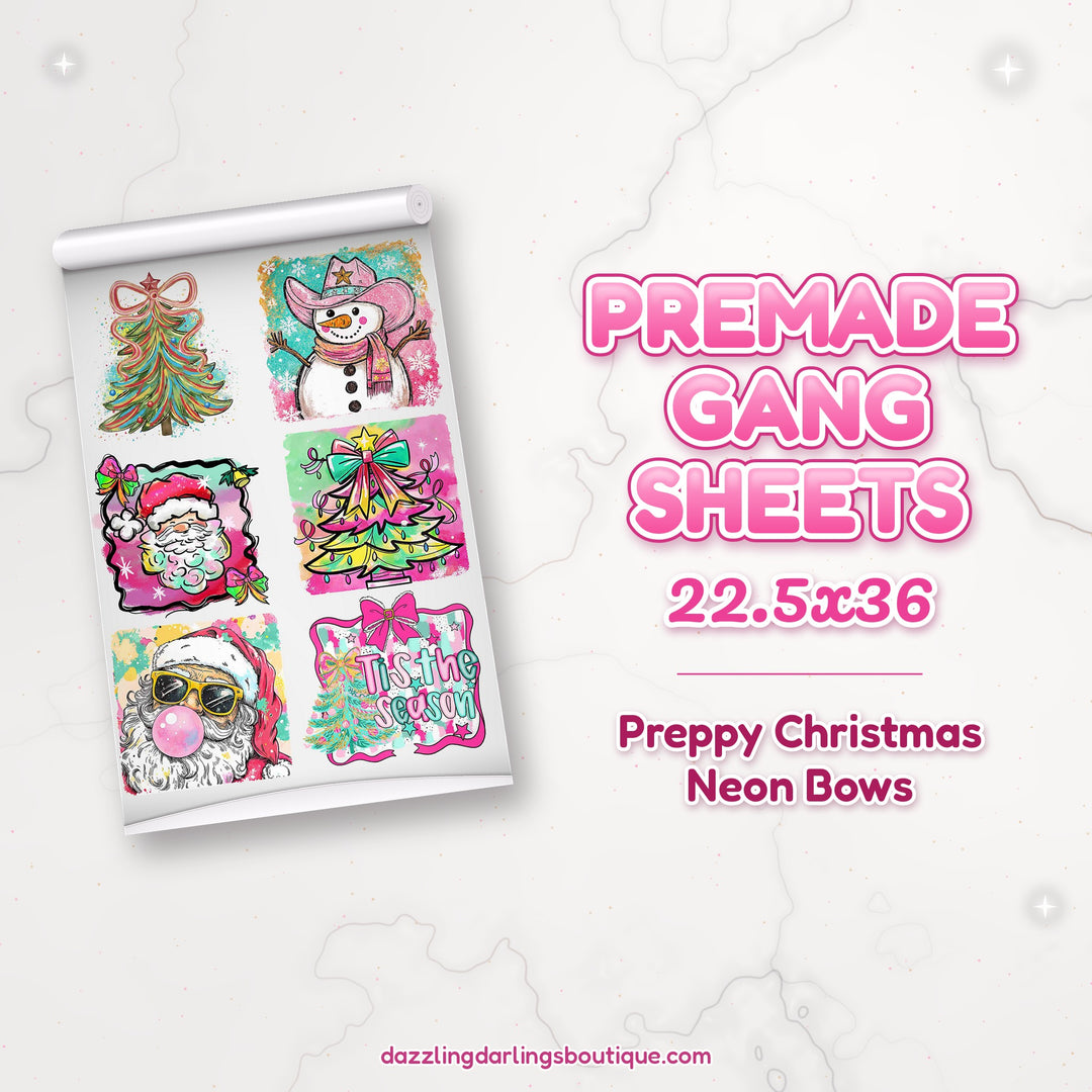 Preppy Christmas Neon Bows premade DTF gang sheet 22.5x36 – Dazzling Darlings Boutique