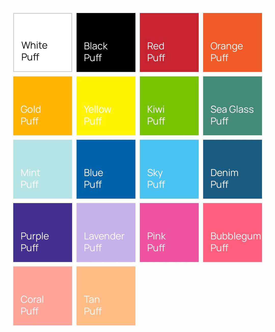 Puff screen print ink color chart