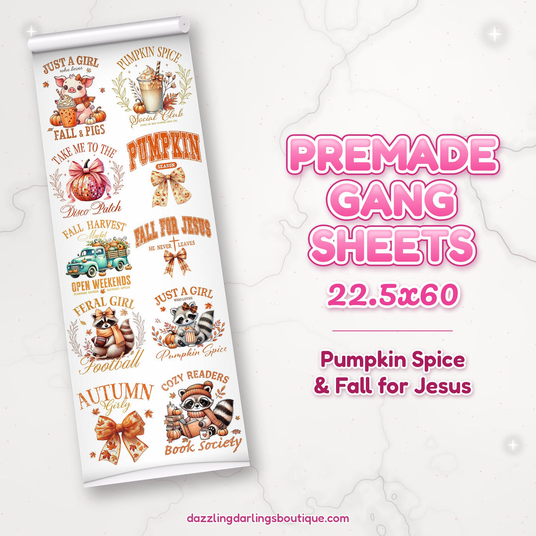 Pumpkin Spice & Fall for Jesus premade DTF gang sheet 22.5x60 – Dazzling Darlings Boutique