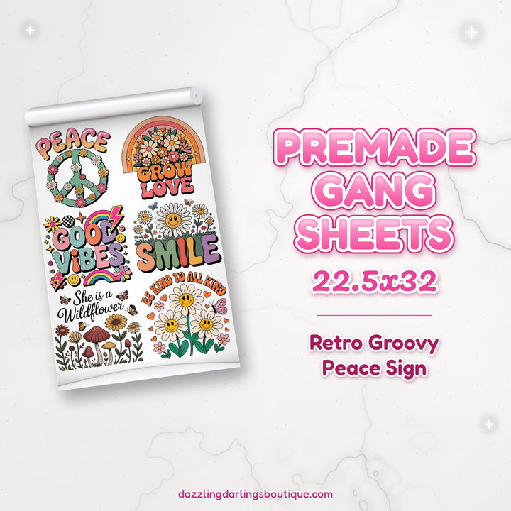 Retro Groovy Peace Sign premade DTF gang sheet 22.5x32 – Dazzling Darlings Boutique
