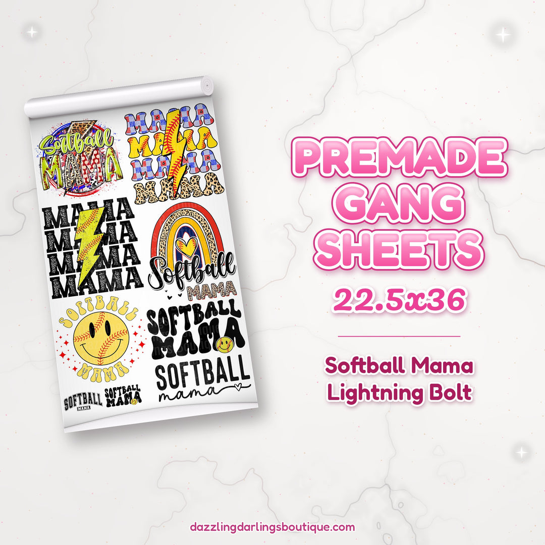 Softball Mama Lightning Bolt premade DTF gang sheet 22.5x36 – Dazzling Darlings Boutique