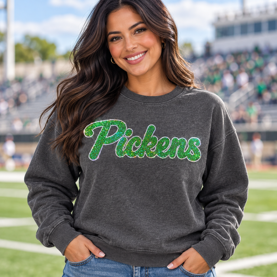 Mockup of green spangle bling "Pickens" script transfer on a charcoal sweatshirt