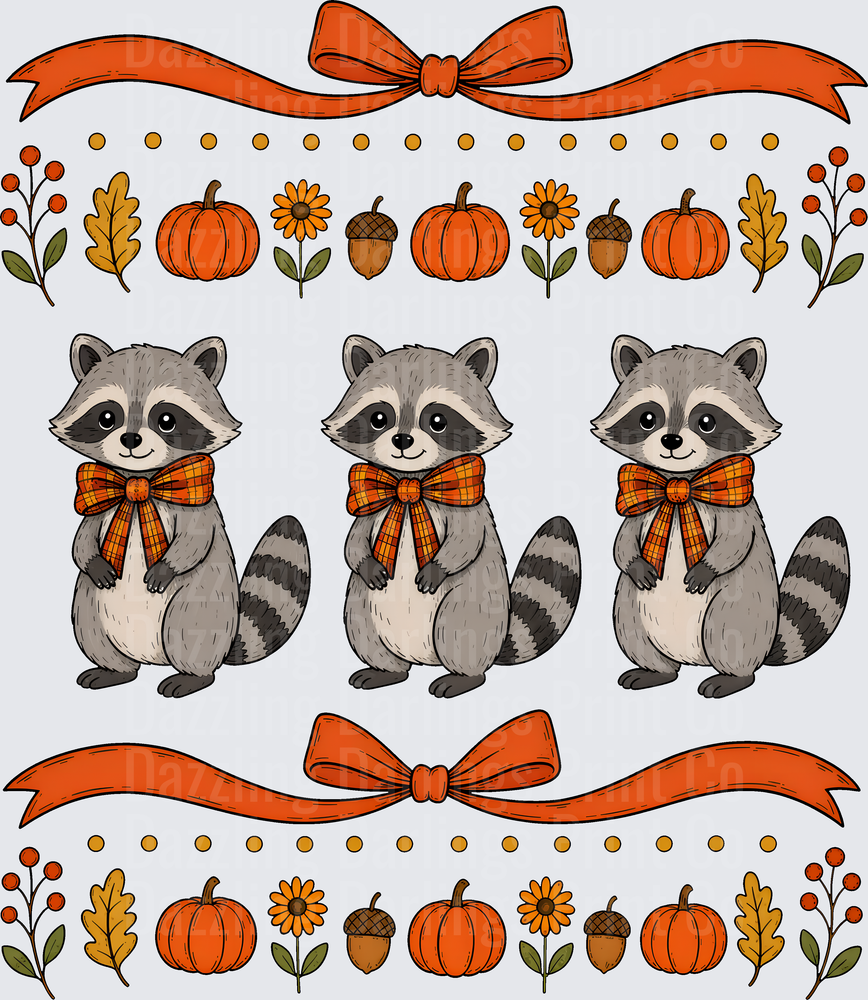 Cute Fall Raccoons Plaid Bows Pumpkins Autumn Border