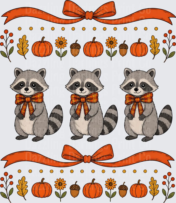 Cute Fall Raccoons Plaid Bows Pumpkins Autumn Border