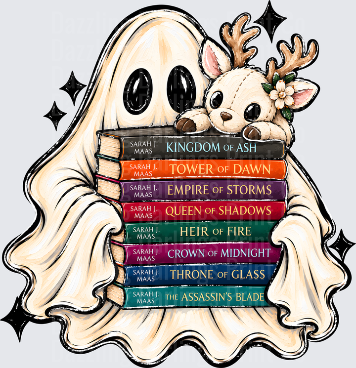 Cute Ghost and Deer Plushie Hugging Sarah J. Maas Throne of Glass Book Stack