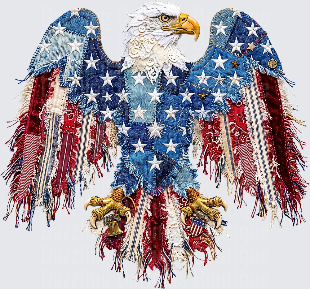 Patriotic Bald Eagle with Denim Stars and Stripes Wings