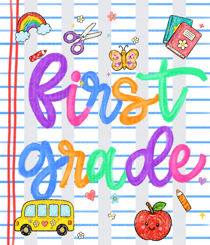 Colorful First Grade Hand Lettered School Supplies Design