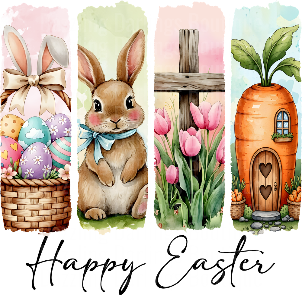 Happy Easter Watercolor Bunny Eggs Tulips Cross Carrot House