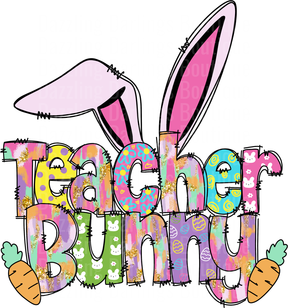 Teacher Bunny Easter Patch Design with Bunny Ears and Carrots