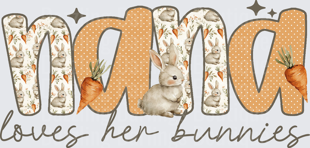 Mama Loves Her Bunnies Text with Cute Rabbits and Carrots