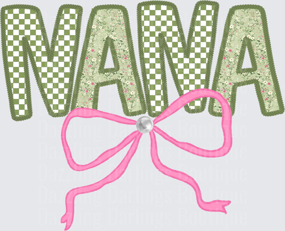 MAMA Text with Green Floral Pattern and Pink Bow