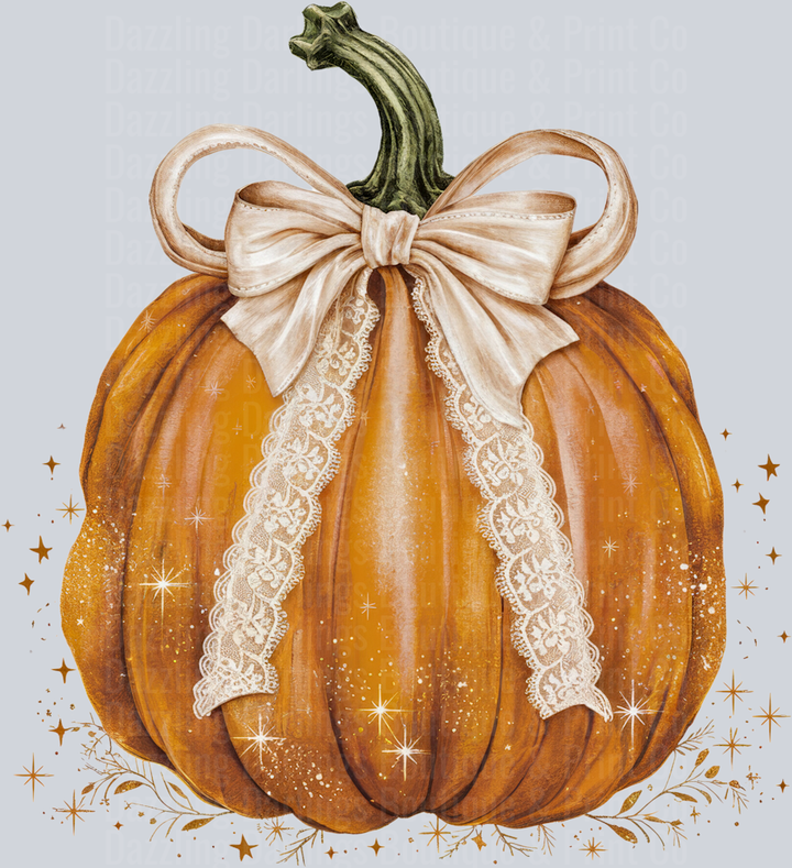 Halloween Fall Pumpkin Coquette Bow Golden Lace Sparkle