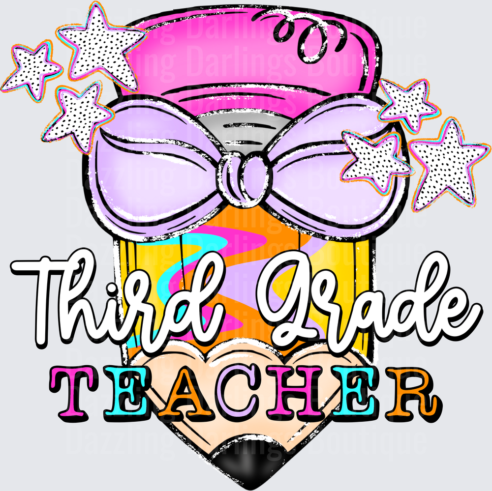Third Grade Teacher Pencil with Bow and Stars Design