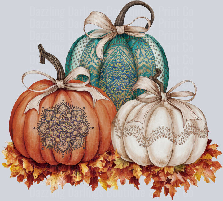 Halloween Fall Pumpkin Teal Mandala Bows Leaves