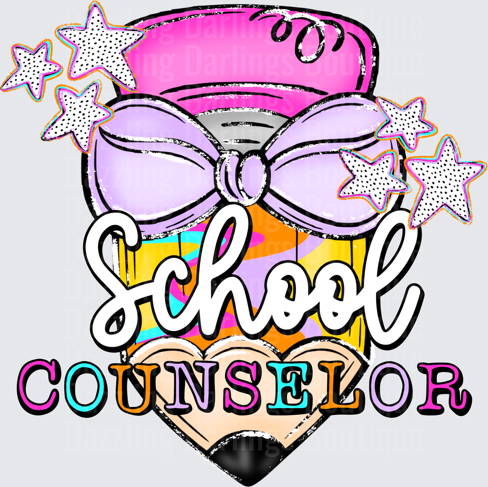 School Counselor Pencil with Purple Bow and Colorful Stars