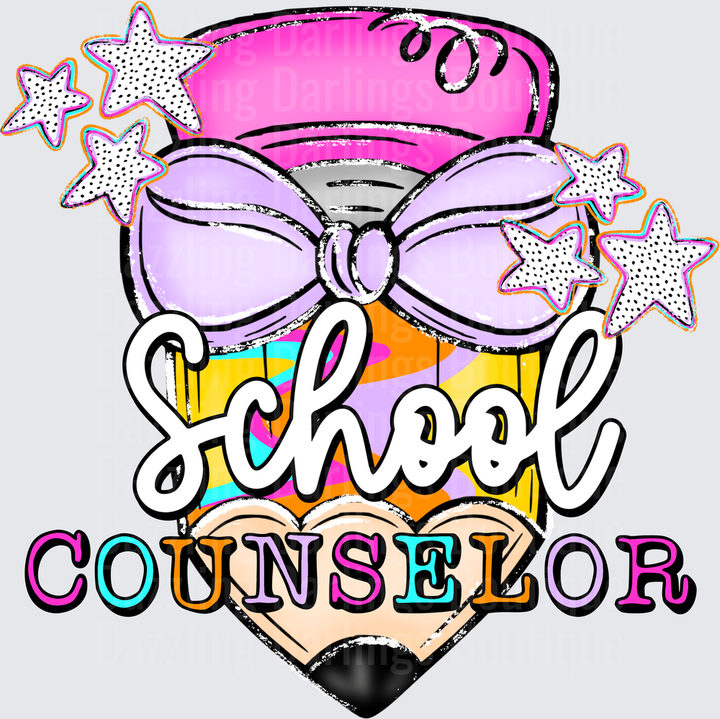 School Counselor Pencil with Purple Bow and Colorful Stars