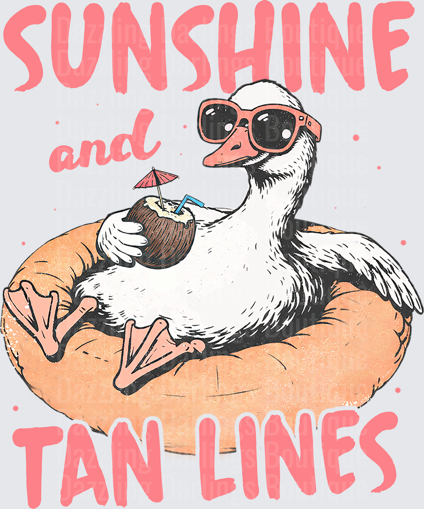 Sunshine and Tan Lines Duck Floating on Pool Ring with Coconut Drink