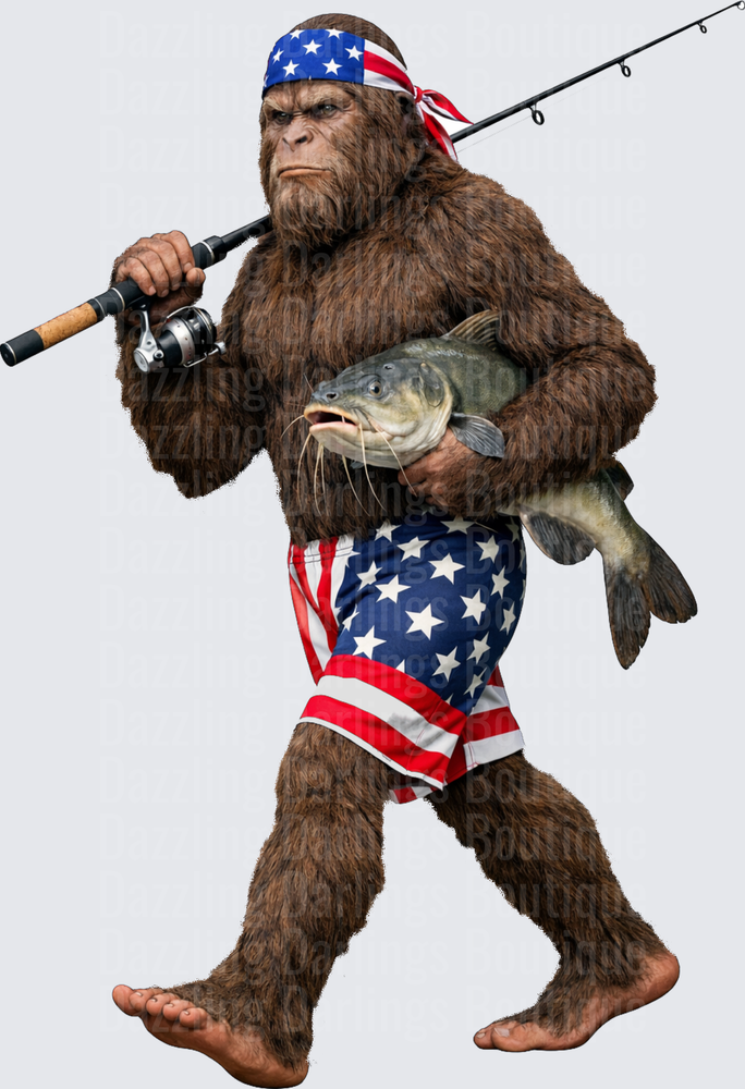 Bigfoot Fishing with American Flag Bandana and Shorts Holding Bass