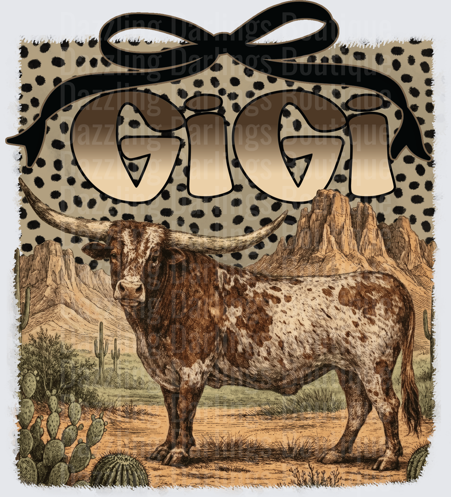 Gigi Longhorn Bull Desert Landscape Leopard Print Bow