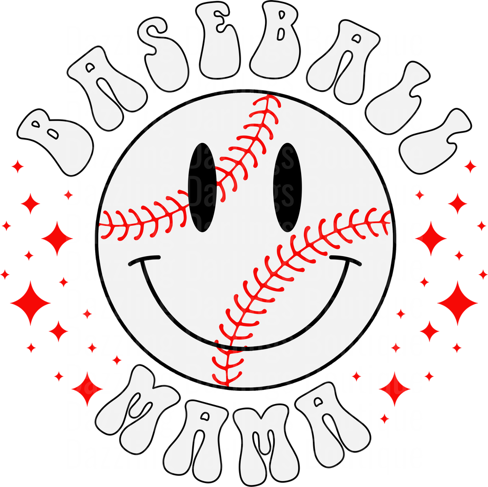 Baseball Smiley Face with Dripping Baseball Mama Text and Red Stars