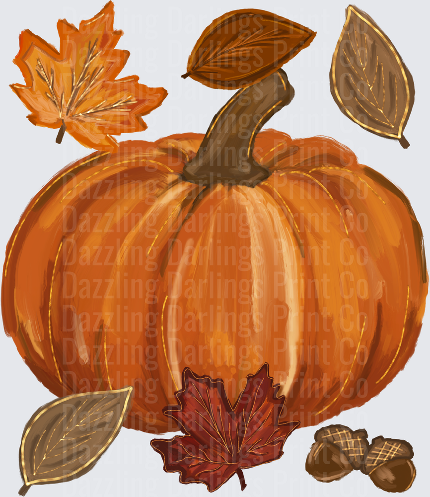 Autumn Harvest Pumpkin with Fall Leaves and Acorns